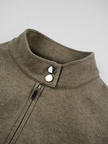 Modelyn Women Khaki Stand Collar Cropped Wool Blend Jacket Front Zip Epaulet Patch Pocket Balloon Sleeve Quiet Luxury Fall Halloween Casual Streetwear Coat - Camel - View 9