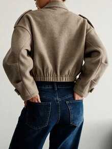 Modelyn Women Khaki Stand Collar Cropped Wool Blend Jacket Front Zip Epaulet Patch Pocket Balloon Sleeve Quiet Luxury Fall Halloween Casual Streetwear Coat - Camel - View 2