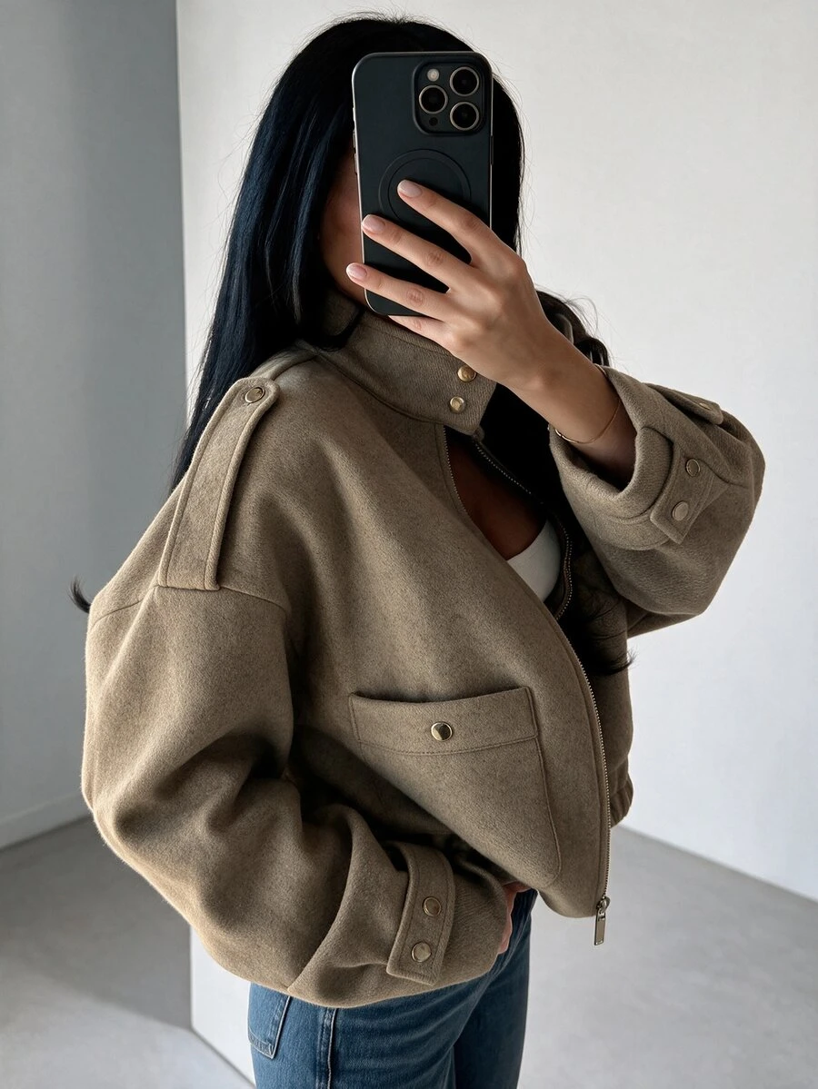 Modelyn Women Khaki Stand Collar Cropped Wool Blend Jacket Front Zip Epaulet Patch Pocket Balloon Sleeve Quiet Luxury Fall Halloween Casual Streetwear Coat - Camel - View 1
