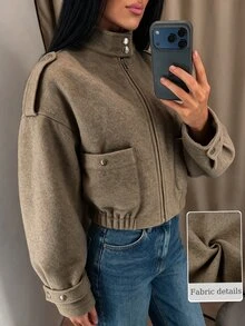 Modelyn Women Khaki Stand Collar Cropped Wool Blend Jacket Front Zip Epaulet Patch Pocket Balloon Sleeve Quiet Luxury Fall Halloween Casual Streetwear Coat - Camel - View 10