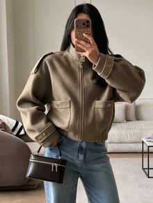 Modelyn Women Khaki Stand Collar Cropped Wool Blend Jacket Front Zip Epaulet Patch Pocket Balloon Sleeve Quiet Luxury Fall Halloween Casual Streetwear Coat - Camel - View 7