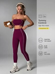 Nuvra Women's Purple Seamless White Striped Sports Bra And Leggings Set Yoga Leggings Set Strapless Two Piece Set Workout Set 2 Piece Gym Two Piece Set Legging Two Piece Set Curve Activewear Set - Purple - View 1