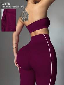 Nuvra Women's Purple Seamless White Striped Sports Bra And Leggings Set Yoga Leggings Set Strapless Two Piece Set Workout Set 2 Piece Gym Two Piece Set Legging Two Piece Set Curve Activewear Set - Purple - View 4