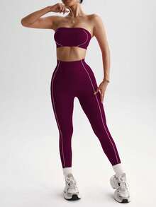 Nuvra Women's Purple Seamless White Striped Sports Bra And Leggings Set Yoga Leggings Set Strapless Two Piece Set Workout Set 2 Piece Gym Two Piece Set Legging Two Piece Set Curve Activewear Set - Purple - View 6