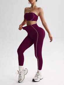 Nuvra Women's Purple Seamless White Striped Sports Bra And Leggings Set Yoga Leggings Set Strapless Two Piece Set Workout Set 2 Piece Gym Two Piece Set Legging Two Piece Set Curve Activewear Set - Purple - View 7
