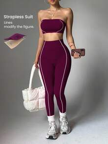 Nuvra Women's Purple Seamless White Striped Sports Bra And Leggings Set Yoga Leggings Set Strapless Two Piece Set Workout Set 2 Piece Gym Two Piece Set Legging Two Piece Set Curve Activewear Set - Purple - View 3