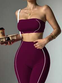 Nuvra Women's Purple Seamless White Striped Sports Bra And Leggings Set Yoga Leggings Set Strapless Two Piece Set Workout Set 2 Piece Gym Two Piece Set Legging Two Piece Set Curve Activewear Set - Purple - View 5