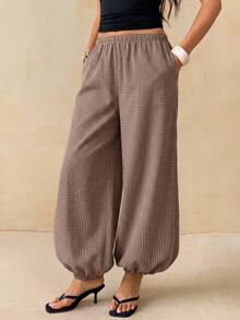 SHEIN Tall Women's Plaid Casual Versatile Daily Lantern Pants - Coffee Brown - View 1