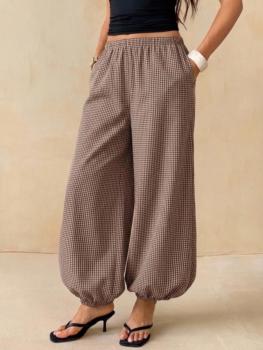 SHEIN Tall Women's Plaid Casual Versatile Daily Lantern Pants - Coffee Brown - View 1