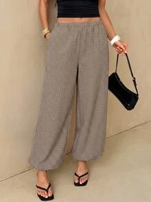SHEIN Tall Women's Plaid Casual Versatile Daily Lantern Pants - Coffee Brown - View 6