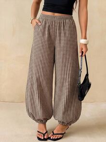 SHEIN Tall Women's Plaid Casual Versatile Daily Lantern Pants - Coffee Brown - View 7