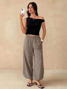 SHEIN Tall Women's Plaid Casual Versatile Daily Lantern Pants - Coffee Brown - View 5