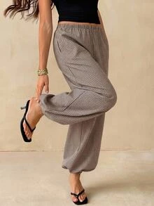 SHEIN Tall Women's Plaid Casual Versatile Daily Lantern Pants - Coffee Brown - View 3