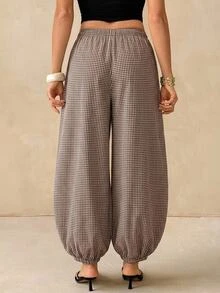 SHEIN Tall Women's Plaid Casual Versatile Daily Lantern Pants - Coffee Brown - View 2
