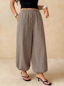 SHEIN Tall Women's Plaid Casual Versatile Daily Lantern Pants - Coffee Brown - View 4