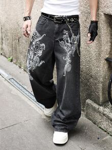 ROMWE MEN Grunge Punk Spring Casual Graphic Men'S Casual Street Style Loose Fit Printed Denim Jeans - الأسود - مشاهدة 4