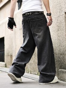 ROMWE MEN Grunge Punk Spring Casual Graphic Men'S Casual Street Style Loose Fit Printed Denim Jeans - الأسود - مشاهدة 2