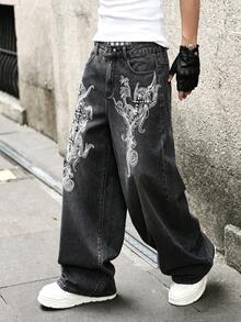 ROMWE MEN Grunge Punk Spring Casual Graphic Men'S Casual Street Style Loose Fit Printed Denim Jeans - الأسود - مشاهدة 1