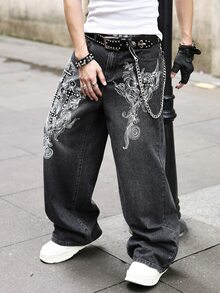 ROMWE MEN Grunge Punk Spring Casual Graphic Men'S Casual Street Style Loose Fit Printed Denim Jeans - الأسود - مشاهدة 5