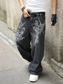 ROMWE MEN Grunge Punk Spring Casual Graphic Men'S Casual Street Style Loose Fit Printed Denim Jeans - الأسود - مشاهدة 6