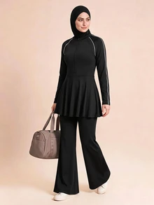 SHEIN With My Calm طقم رياضي علوي طويل بخطوط متباينة وأكمام راجلان وسحاب نصفي وحافة واسعة مع وشاح وبنطال واسع - الأسود - مشاهدة 4