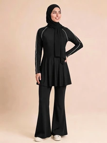 SHEIN With My Calm طقم رياضي علوي طويل بخطوط متباينة وأكمام راجلان وسحاب نصفي وحافة واسعة مع وشاح وبنطال واسع - الأسود - مشاهدة 3