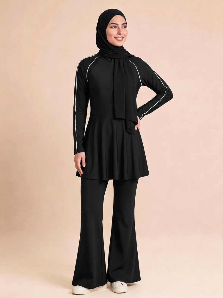 SHEIN With My Calm Contrast Piping Raglan Sleeve Half Zip Flare Hem Longline Sports Top With Scarf & Flare Pants Set - Black - View 3