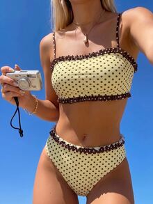 Swim Mod Women's Polka Dot Print Swimsuit Set - Light Yellow - View 5