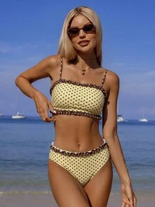 Swim Mod Women's Polka Dot Print Swimsuit Set - Light Yellow - View 8