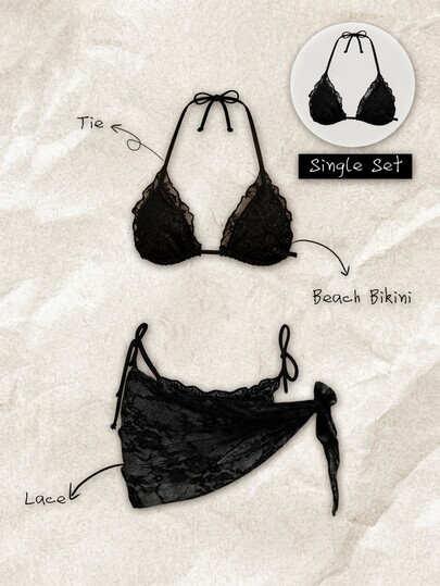 SHEIN Swim Atasan Bikini Halter Renda Elegan Wanita (Hanya Atasan), Seksi Musim Panas Hitam Pesta Pantai Tropis Liburan