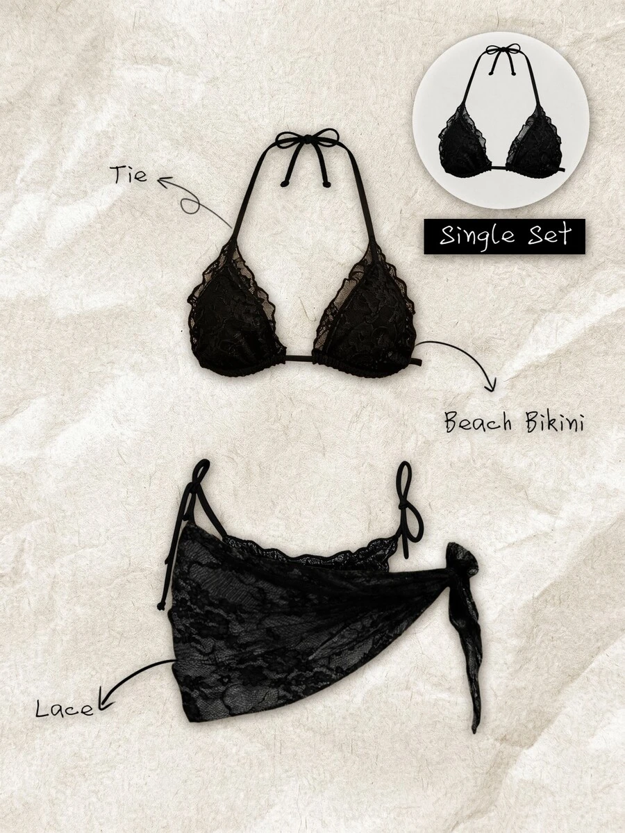 SHEIN Swim Women's Elegant Lace Halter Bikini Top(Only Top), Summer Sexy Black Tropical Beach Party Vacation - Black - View 1
