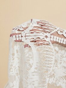 Amorya 女士优雅蕾丝短袖宽松衬衫，适合婚礼、约会、春夏穿着，黑色 - 白色 - 查看 4