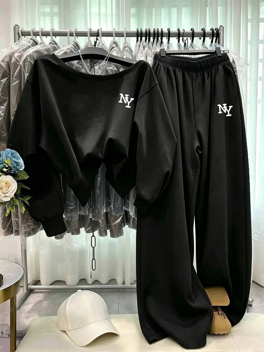 SHEIN 2件組女款休閒寬鬆露肩字母印花長袖衛衣與格紋長褲套裝,秋冬款 - 黑色 - 查看 1