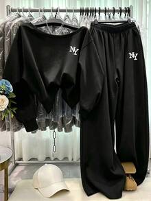SHEIN 2件組女款休閒寬鬆露肩字母印花長袖衛衣與格紋長褲套裝，秋冬款 - 黑色 - 查看 3