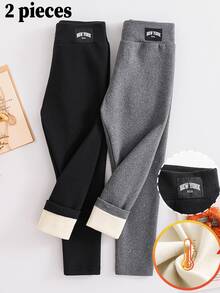 SHEIN 女童秋/冬新款蝴蝶結刺繡彈性腰保暖抓絨內裡保暖發熱打底褲 2件組 適合日常休閒穿著 - 彩色 - 查看 3