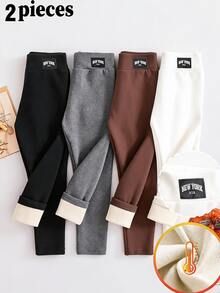 SHEIN 女童秋/冬新款蝴蝶結刺繡彈性腰保暖抓絨內裡保暖發熱打底褲 2件組 適合日常休閒穿著 - 彩色 - 查看 7