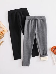 SHEIN 女童秋/冬新款蝴蝶結刺繡彈性腰保暖抓絨內裡保暖發熱打底褲 2件組 適合日常休閒穿著 - 彩色 - 查看 2