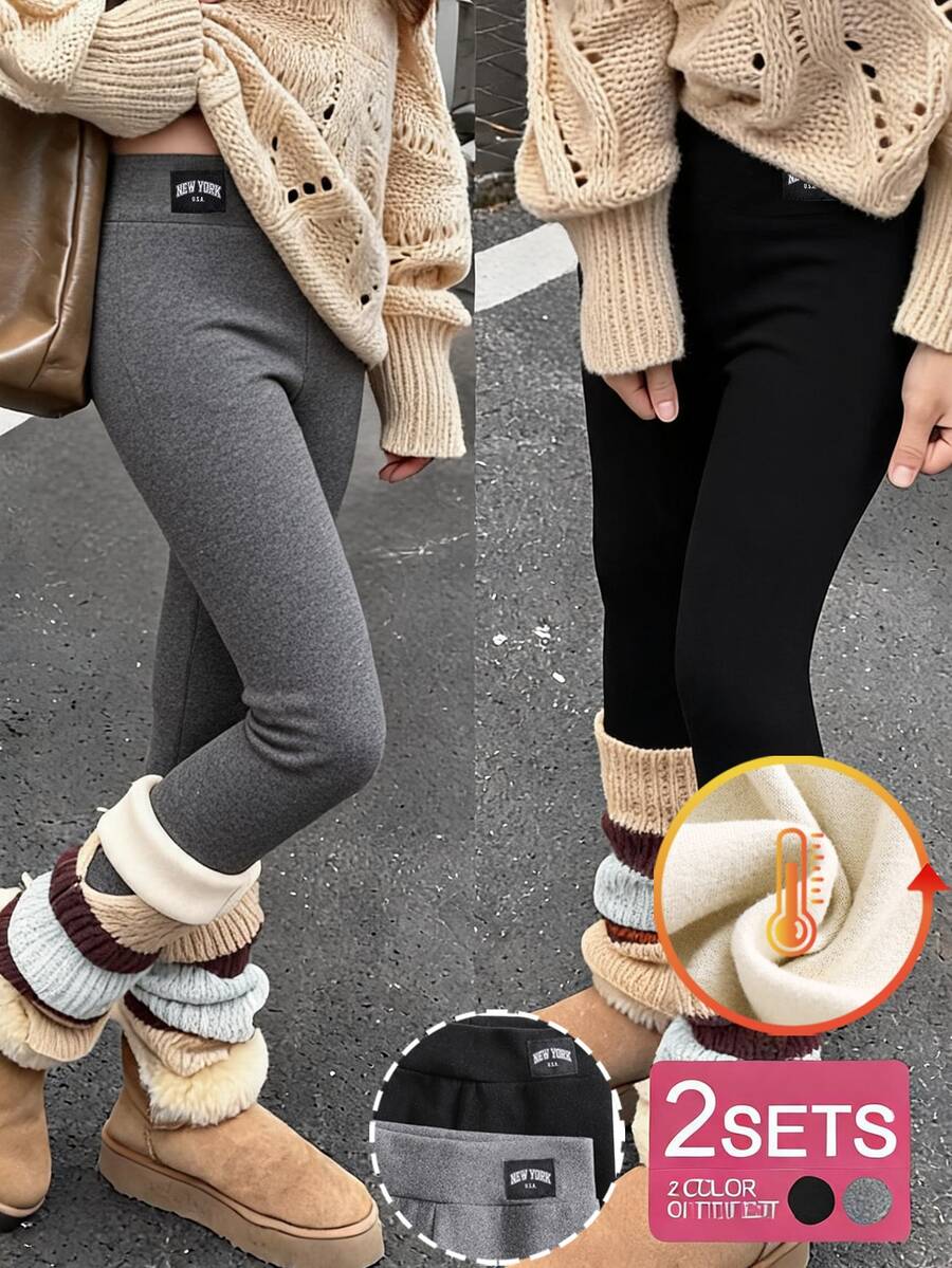 SHEIN 女童秋/冬新款蝴蝶結刺繡彈性腰保暖抓絨內裡保暖發熱打底褲 2件組 適合日常休閒穿著 - 彩色 - 查看 1