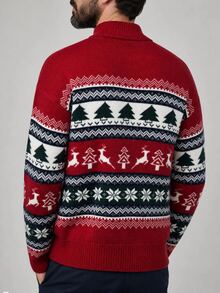 Manfinity Homme Men's Autumn/Winter Pullover Long Sleeve Crew Neck Zip-Up Knit Sweater With Christmas Elements,Cute Christmas Pullover Sweater , Unisex Style,Fall/Win - Red - View 6