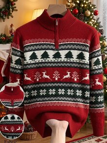 Manfinity Homme Men's Autumn/Winter Pullover Long Sleeve Crew Neck Zip-Up Knit Sweater With Christmas Elements,Cute Christmas Pullover Sweater , Unisex Style,Fall/Win - Red - View 3