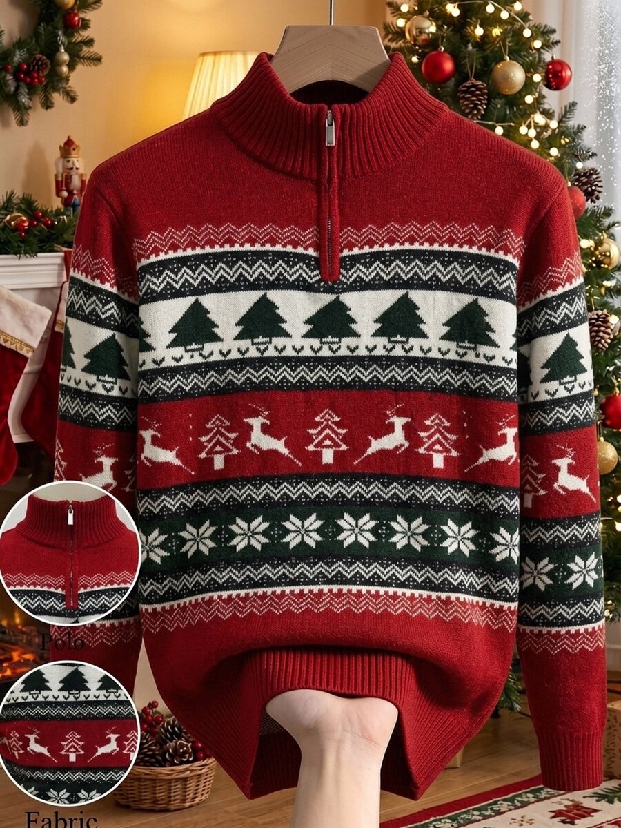 Manfinity Homme Men's Autumn/Winter Pullover Long Sleeve Crew Neck Zip-Up Knit Sweater With Christmas Elements,Cute Christmas Pullover Sweater , Unisex Style,Fall/Win - Red - View 1