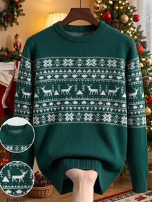 Manfinity Homme Men's Crew Neck Casual Daily Wear Long Sleeve Sweater Christmas Elements,Cute Christmas Pullover Sweater , Unisex Style,Fall/Winter - Green - View 1