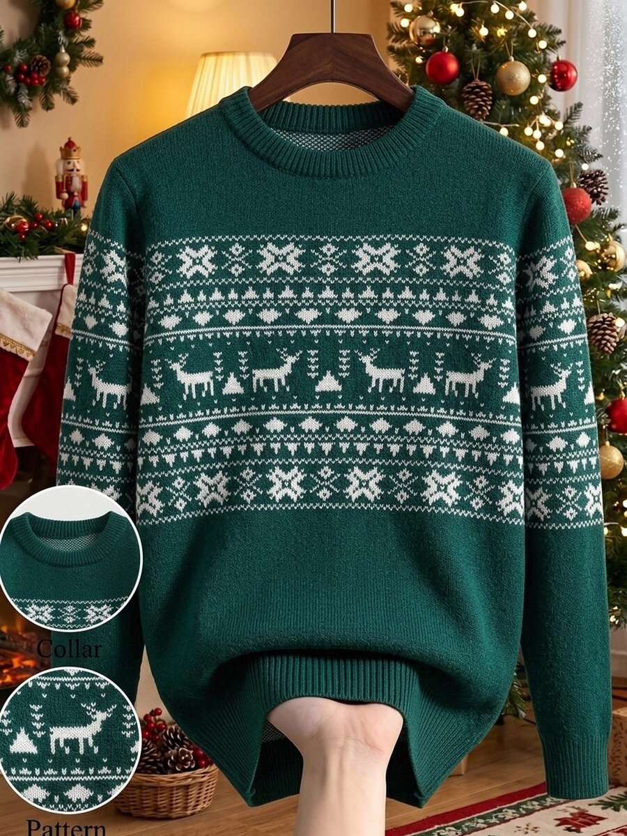 Manfinity Homme Men's Crew Neck Casual Daily Wear Long Sleeve Sweater Christmas Elements,Cute Christmas Pullover Sweater , Unisex Style,Fall/Winter - Green - View 1