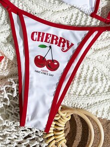 SHEIN Swim 3 件套女士夏季冲浪服装套装：樱桃印花细肩带比基尼，透视网眼罩衫短袖圆领上衣针织泳装海滩度假 - 紅白色 - 查看 5