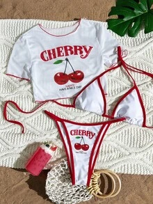 SHEIN Swim 3 件套女士夏季冲浪服装套装：樱桃印花细肩带比基尼，透视网眼罩衫短袖圆领上衣针织泳装海滩度假 - 紅白色 - 查看 3