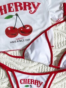 SHEIN Swim 3 件套女士夏季冲浪服装套装：樱桃印花细肩带比基尼，透视网眼罩衫短袖圆领上衣针织泳装海滩度假 - 紅白色 - 查看 6
