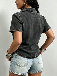 Maweii 女款休閒復古短袖 Polo 領 T 恤，粉色假口袋圖案印花 T 恤 - 彩色 - 查看 2