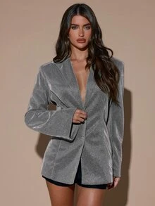 SHEIN BAE Fashion Party Glitter Blazer - Silver - View 6