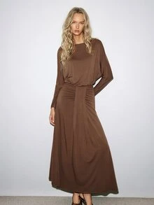 ATUI Studio Autumn Casual Halloween Graduation Everyday Day Y2k Women's Wool Round Neck Long Sleeve Ruched Solid Color Versatile Fashion Dress - Khaki - View 5
