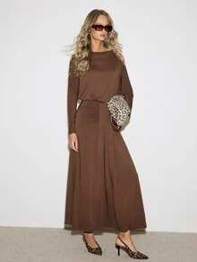 ATUI Studio Autumn Casual Halloween Graduation Everyday Day Y2k Women's Wool Round Neck Long Sleeve Ruched Solid Color Versatile Fashion Dress - Khaki - View 2